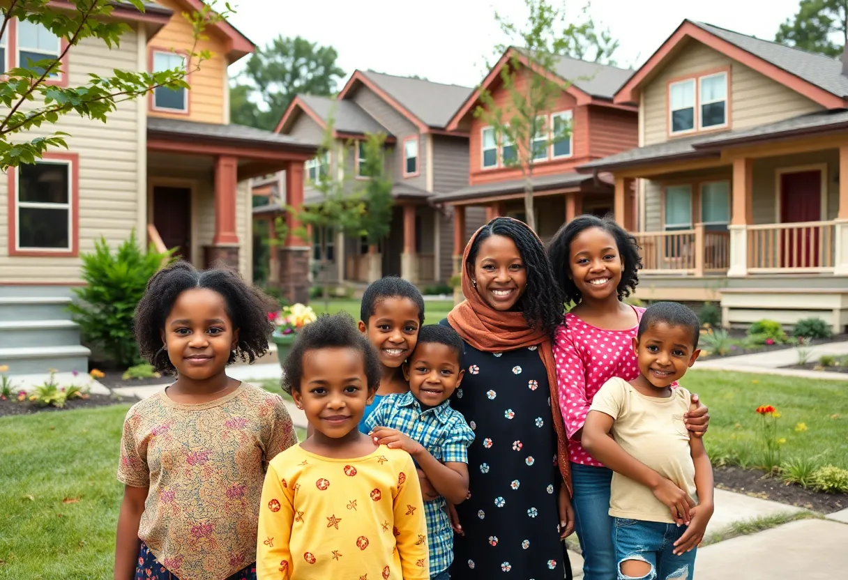 Families in front of affordable homes in Atlanta