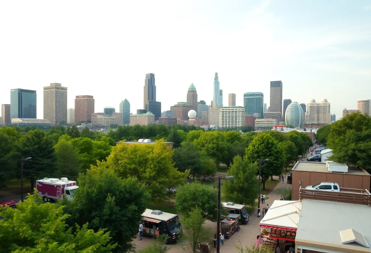 Aerial view of Atlanta skyline with 'For Lease' signs