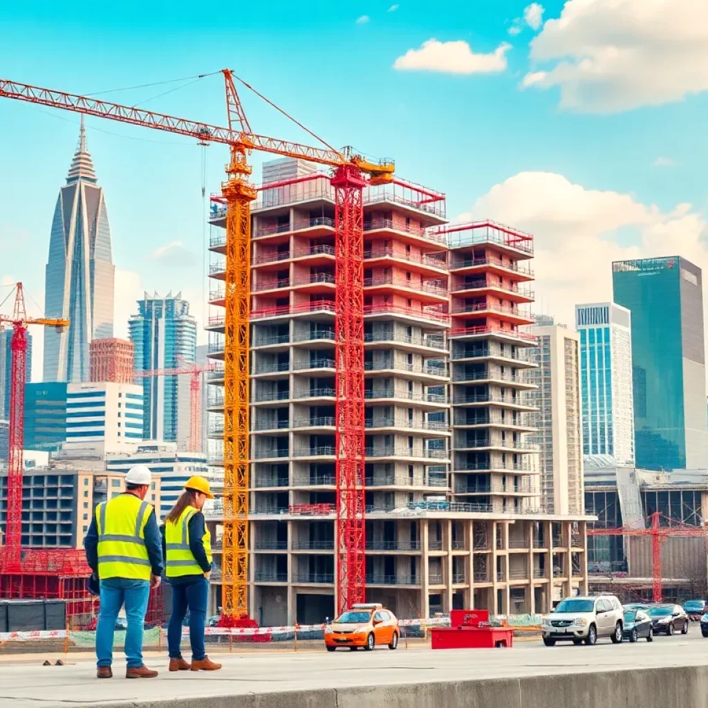 Construction site in Atlanta with cranes and workers