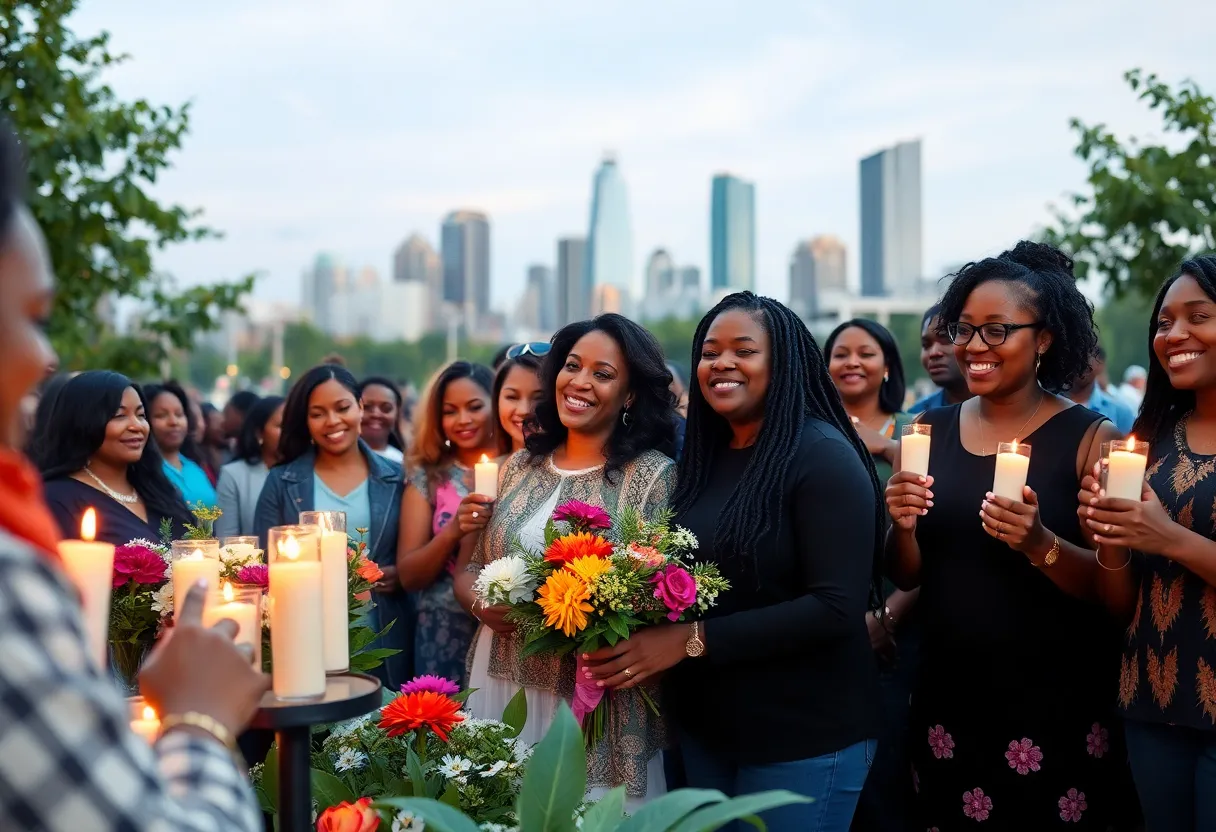 Community members gathering in Atlanta to honor a beloved educator with candles and flowers.