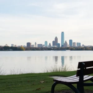 A peaceful park bench by a scenic lake in Atlanta