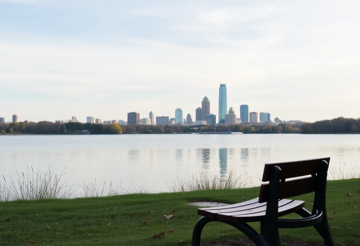 A peaceful park bench by a scenic lake in Atlanta