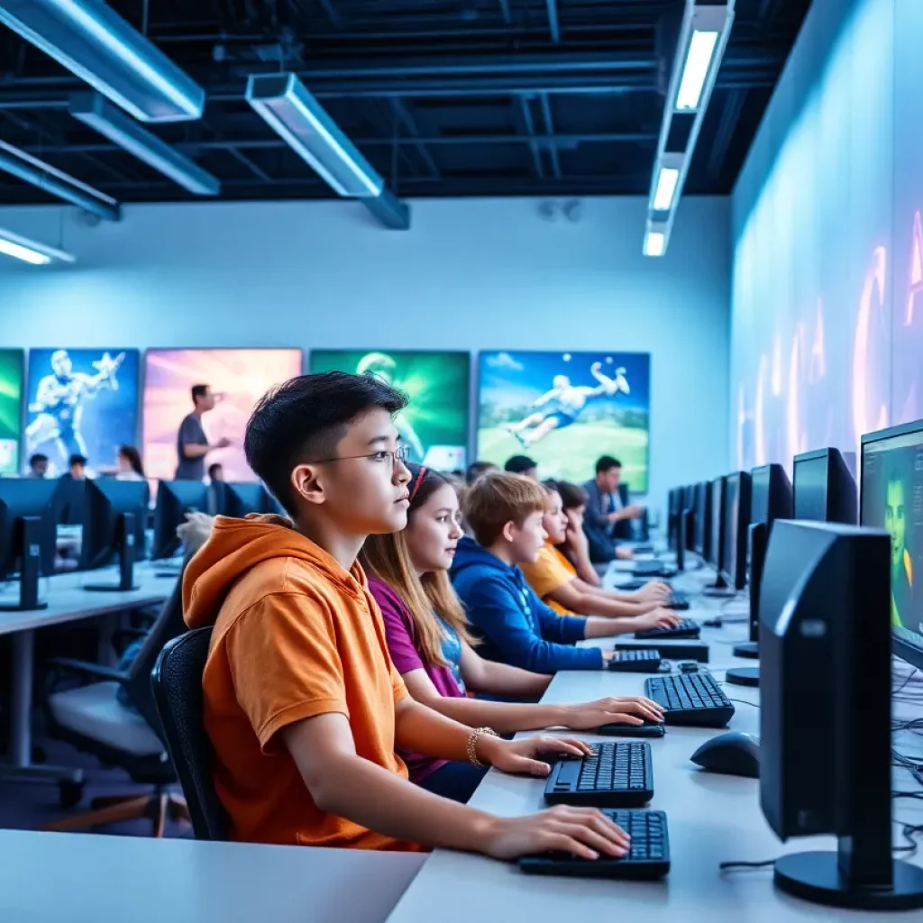 Youth engaging in e-sports and computer learning activities at Atlanta's new gaming center.