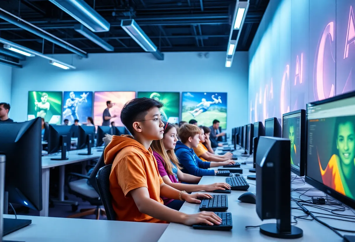 Youth engaging in e-sports and computer learning activities at Atlanta's new gaming center.