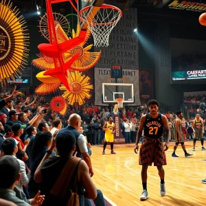 Fans and players celebrating Black History Month at a basketball game.