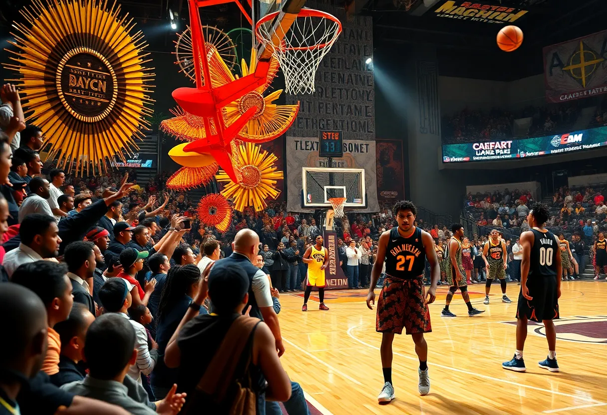 Fans and players celebrating Black History Month at a basketball game.