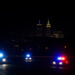 Atlanta cityscape at night with police lights