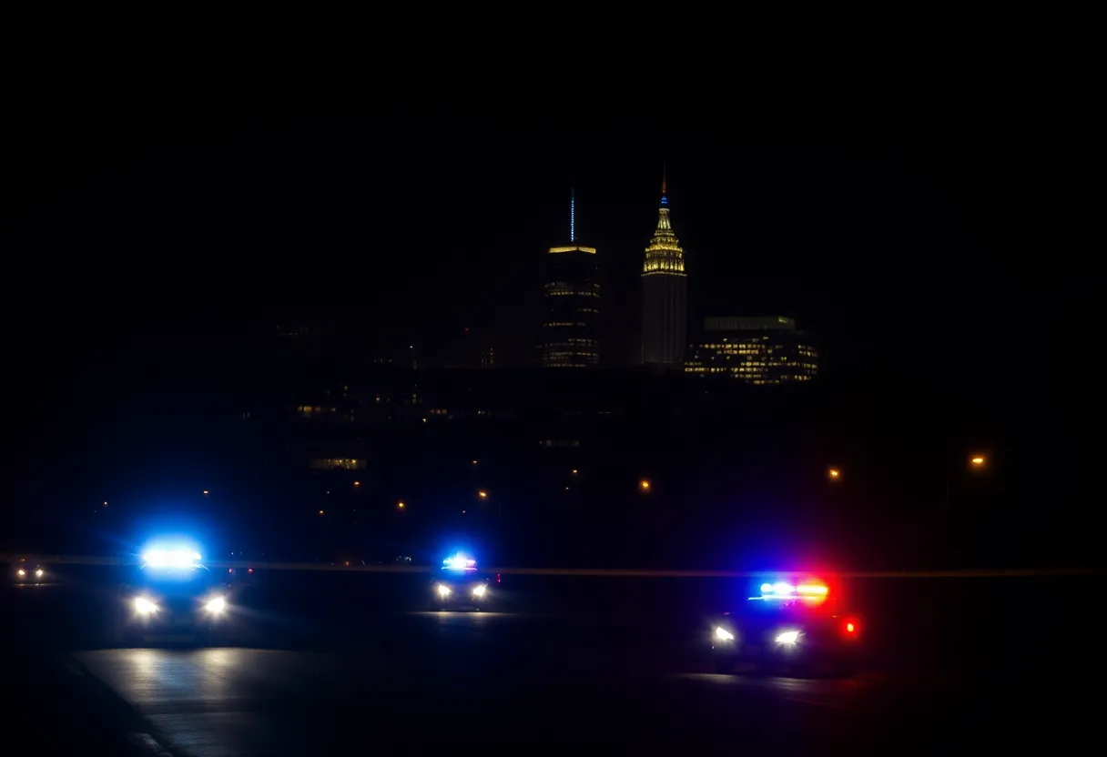 Atlanta cityscape at night with police lights