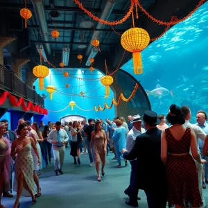 People enjoying the Atlanta Jewish Life Festival at the Georgia Aquarium in 1920s attire.