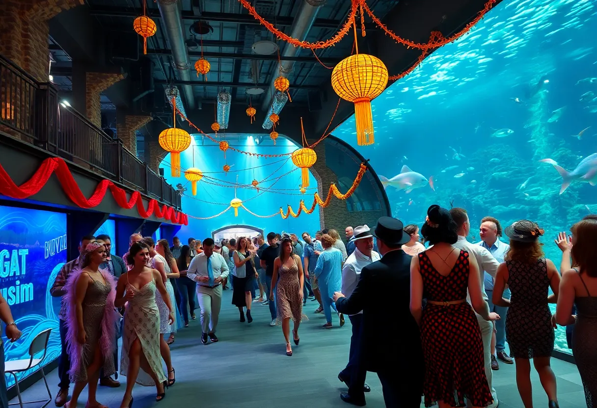 People enjoying the Atlanta Jewish Life Festival at the Georgia Aquarium in 1920s attire.