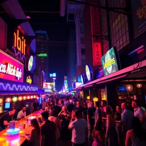 A bustling nightlife scene in Atlanta with people enjoying bars and clubs.