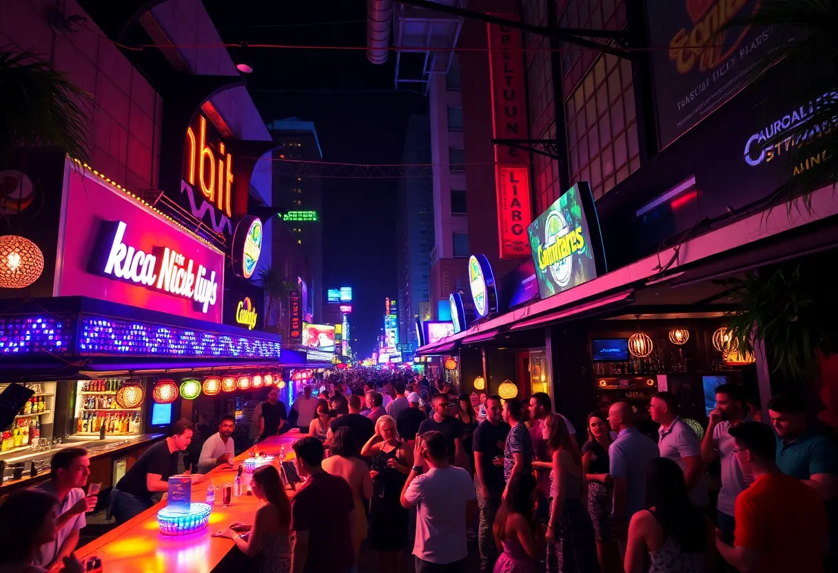 A bustling nightlife scene in Atlanta with people enjoying bars and clubs.