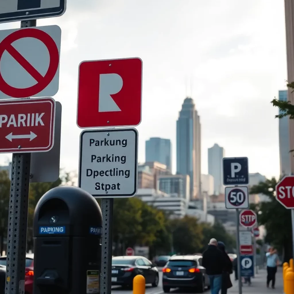Parking meters in Atlanta with the city skyline in the background