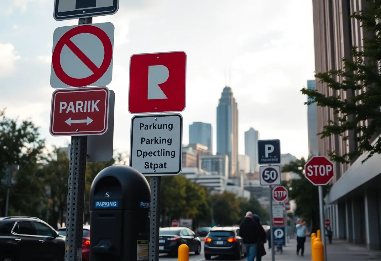Parking meters in Atlanta with the city skyline in the background