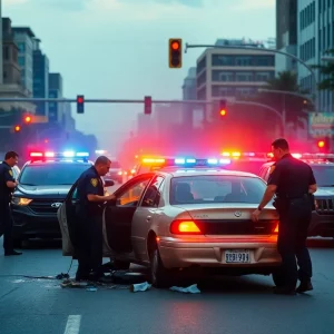 Police chase scene in Atlanta with crashed vehicle and officers