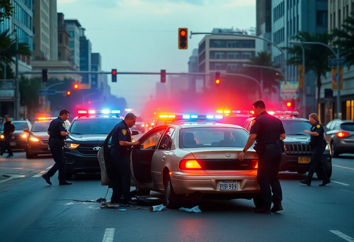 Police chase scene in Atlanta with crashed vehicle and officers