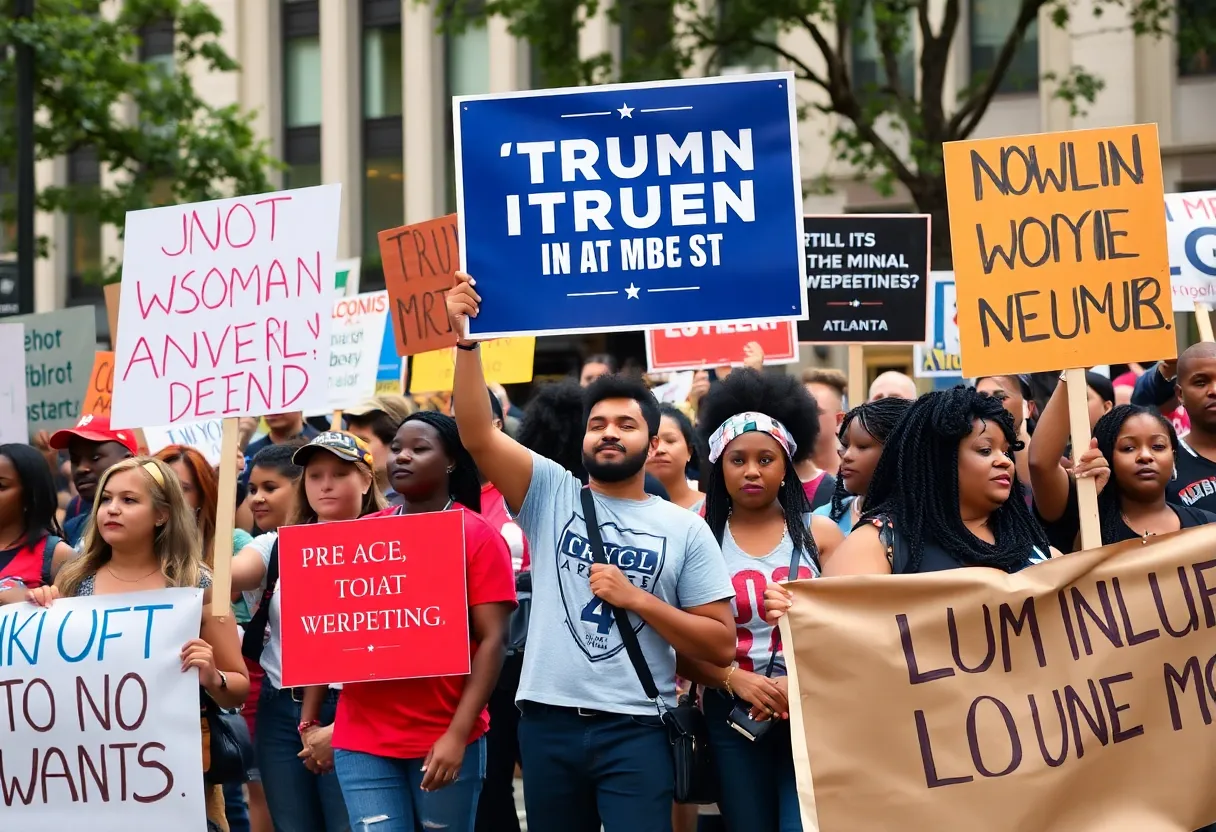 Protesters gathering in Atlanta to rally against political policies.