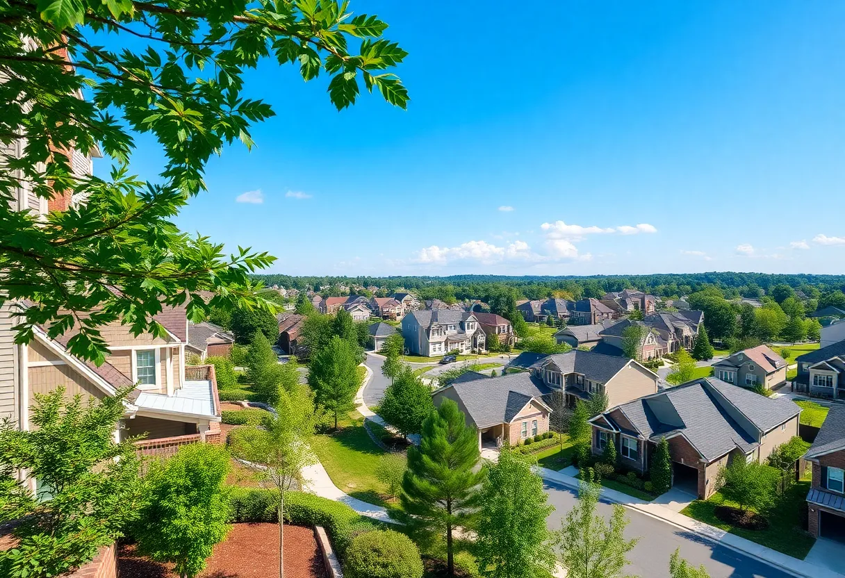 View of new residential communities with houses and green landscapes in Atlanta