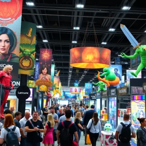 Crowd at the Atlanta Sci-Fi and Fantasy Expo with vendors and colorful decorations.
