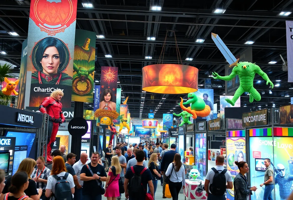 Crowd at the Atlanta Sci-Fi and Fantasy Expo with vendors and colorful decorations.