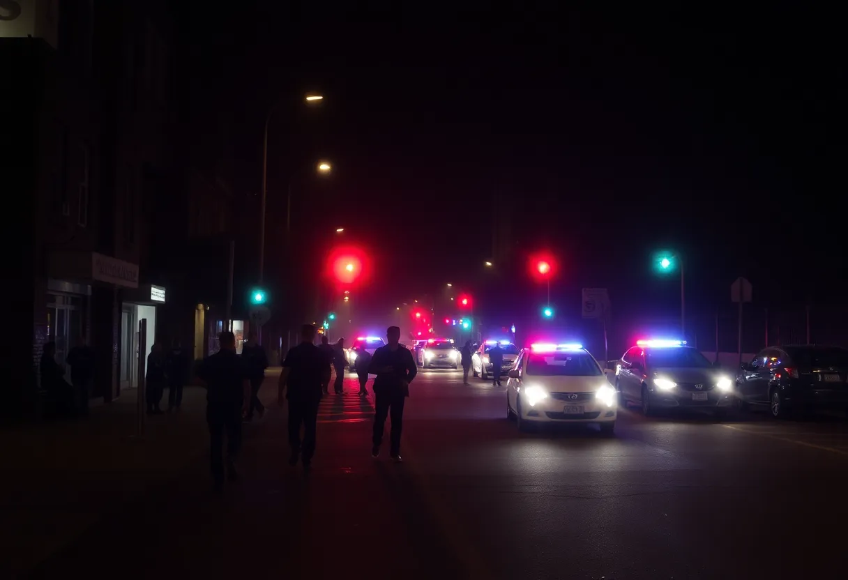Police lights illuminating a dark street in Atlanta after a shooting incident