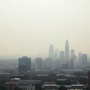 Panoramic view of the Atlanta skyline under a smoky haze