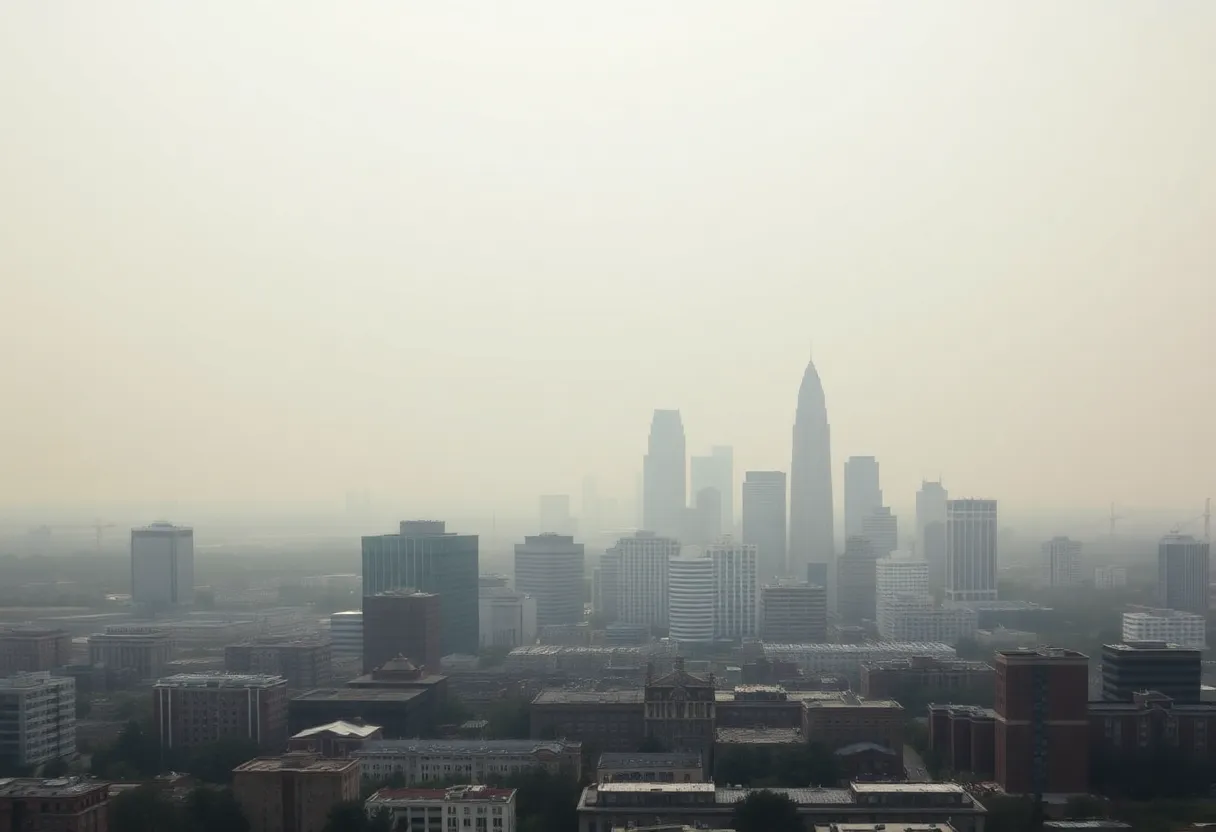 Panoramic view of the Atlanta skyline under a smoky haze