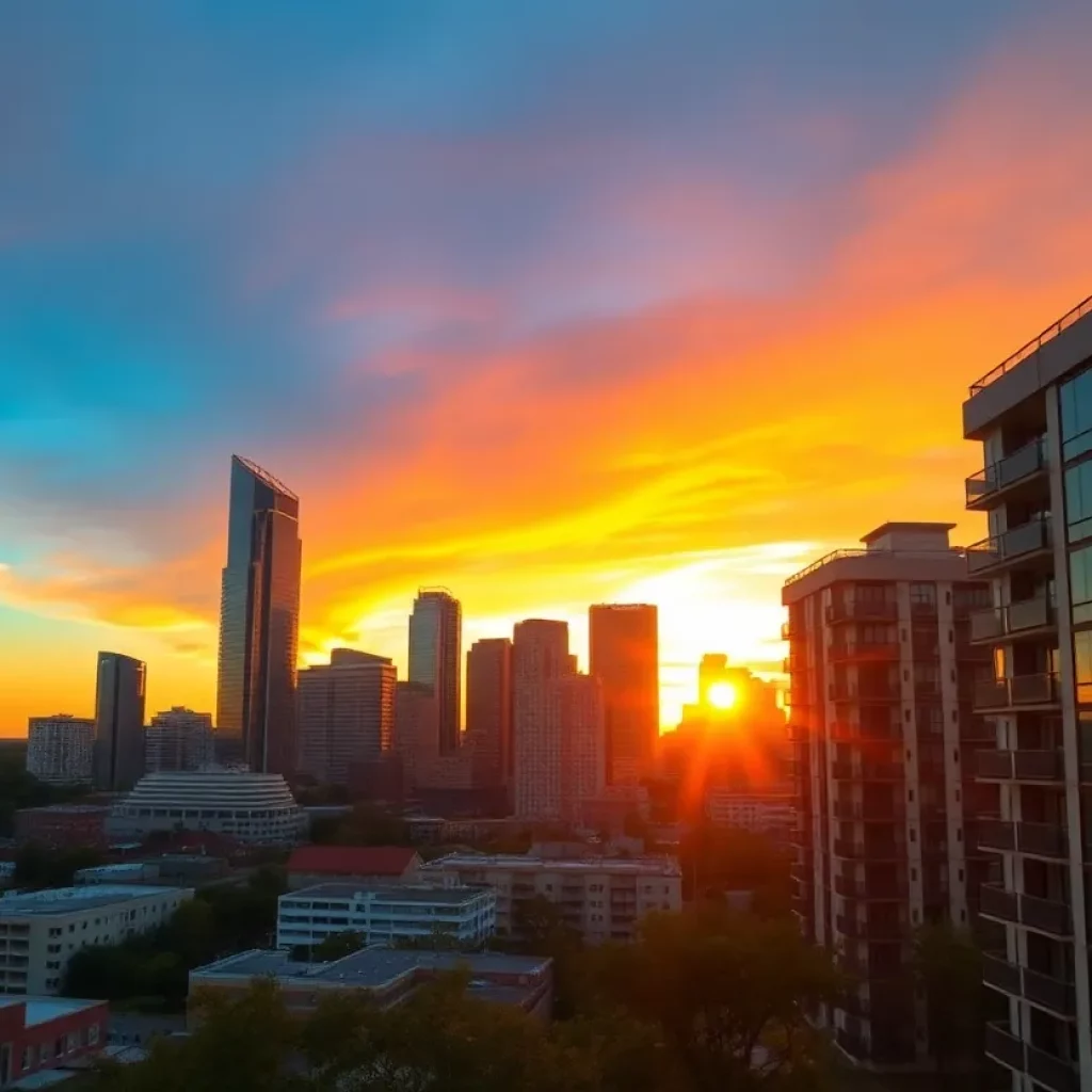 The skyline of Atlanta featuring apartment buildings at sunset.