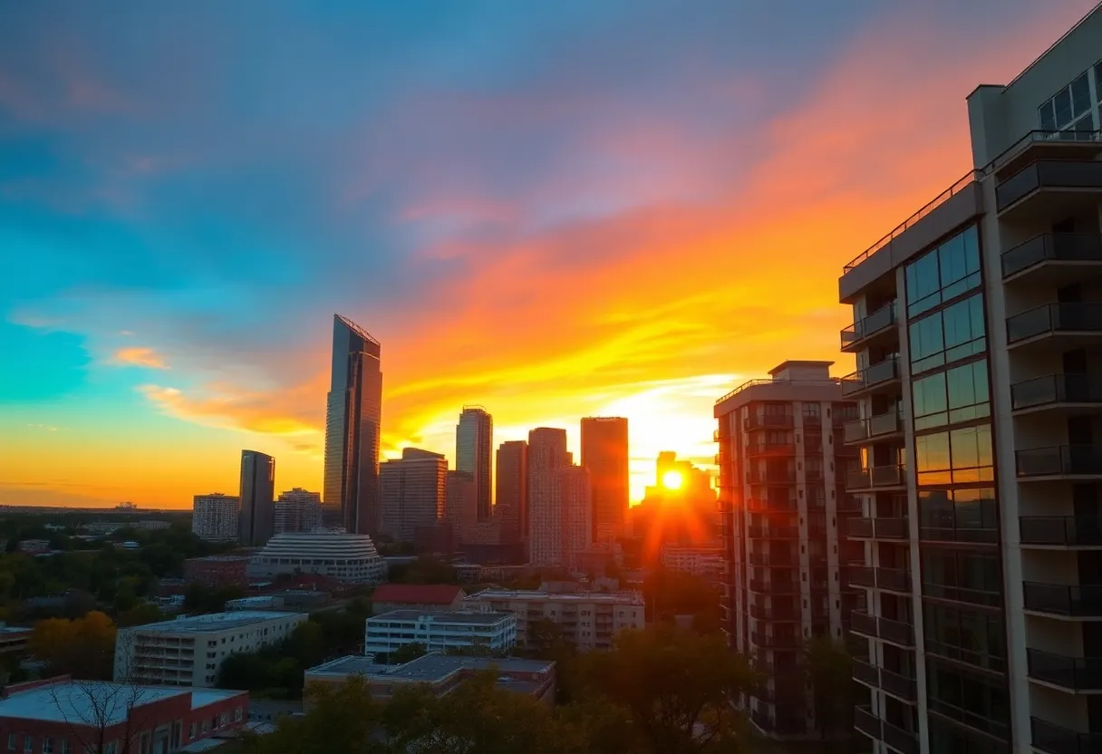 The skyline of Atlanta featuring apartment buildings at sunset.