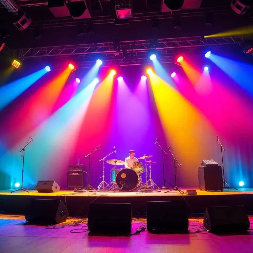 A lively entertainment scene showcasing a colorful stage with band instruments.