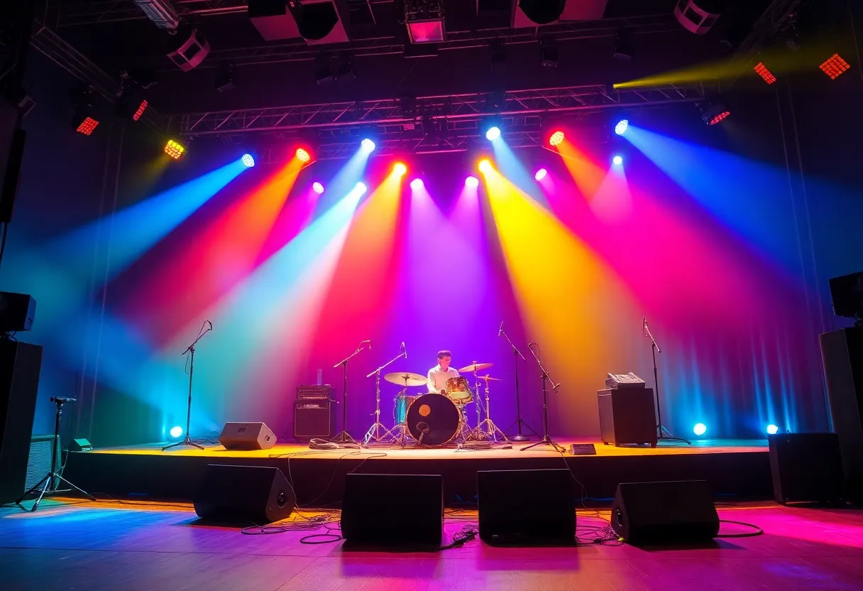 A lively entertainment scene showcasing a colorful stage with band instruments.