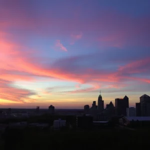 Vibrant sunset over Atlanta skyline post daylight saving time
