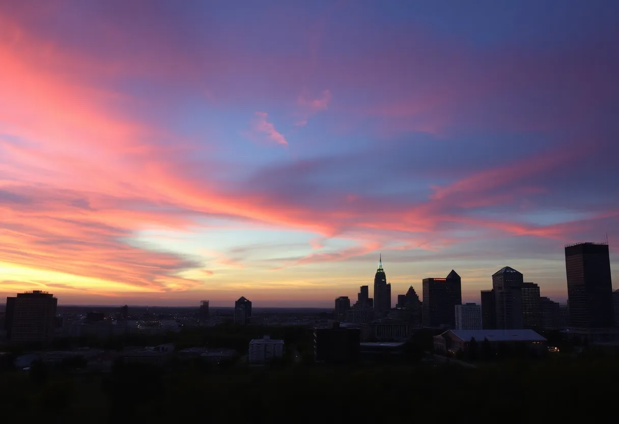 Vibrant sunset over Atlanta skyline post daylight saving time