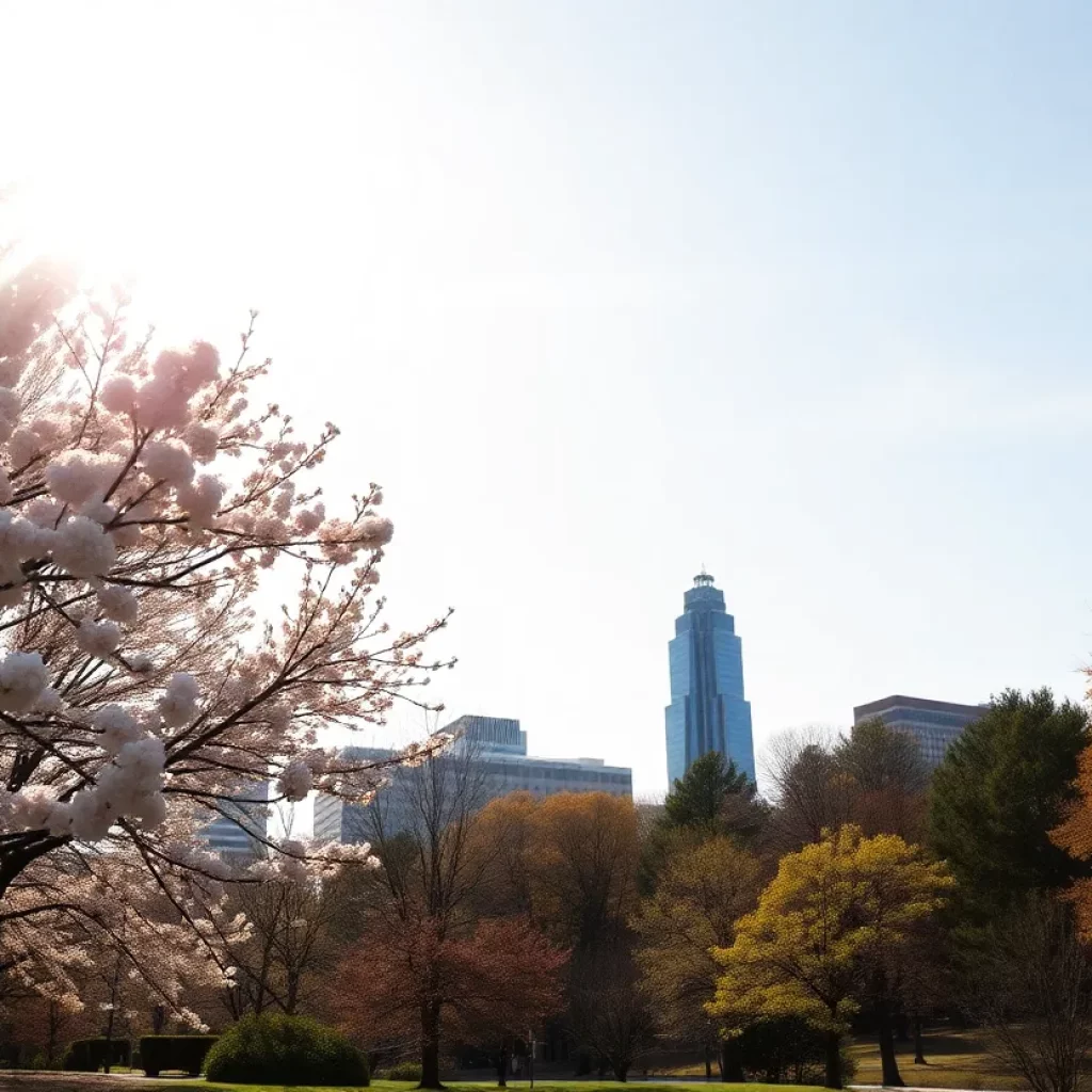Landscape of Atlanta in warm weather with blooming trees