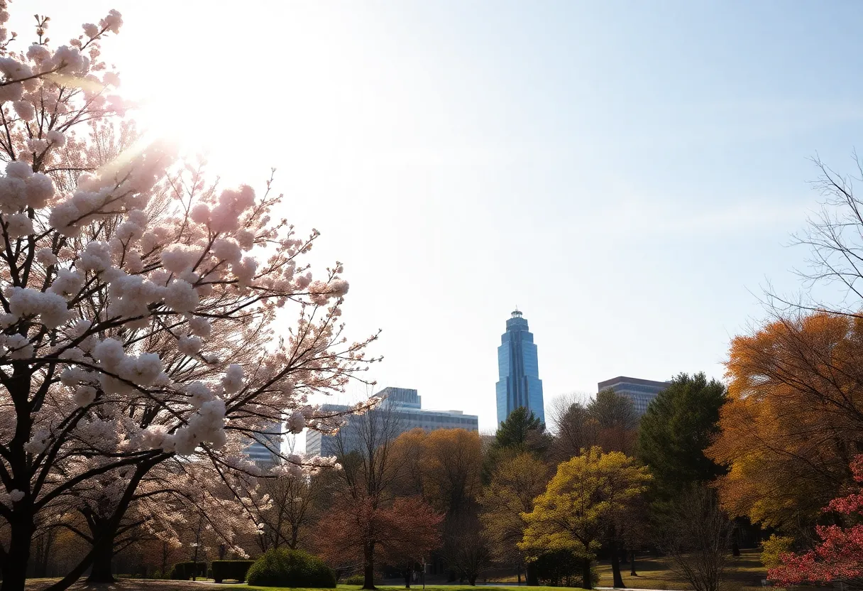 Landscape of Atlanta in warm weather with blooming trees