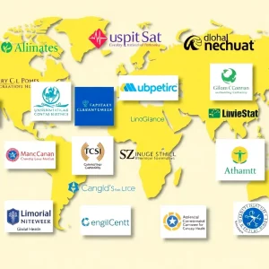 Collage of logos from Atlanta's health organizations against a world map.