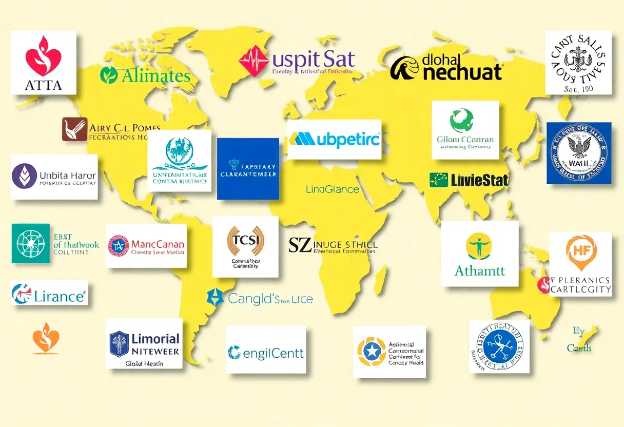 Collage of logos from Atlanta's health organizations against a world map.