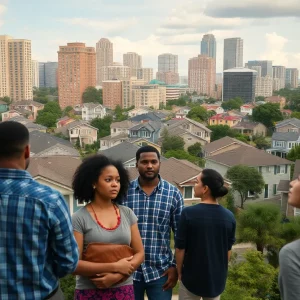A scene depicting the housing crisis in Metro Atlanta with families looking concerned.