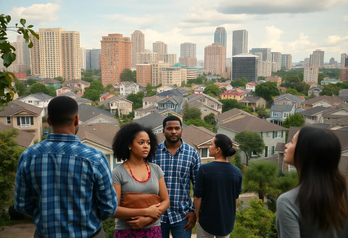A scene depicting the housing crisis in Metro Atlanta with families looking concerned.