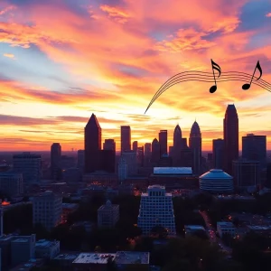 Cityscape of Atlanta with musical elements
