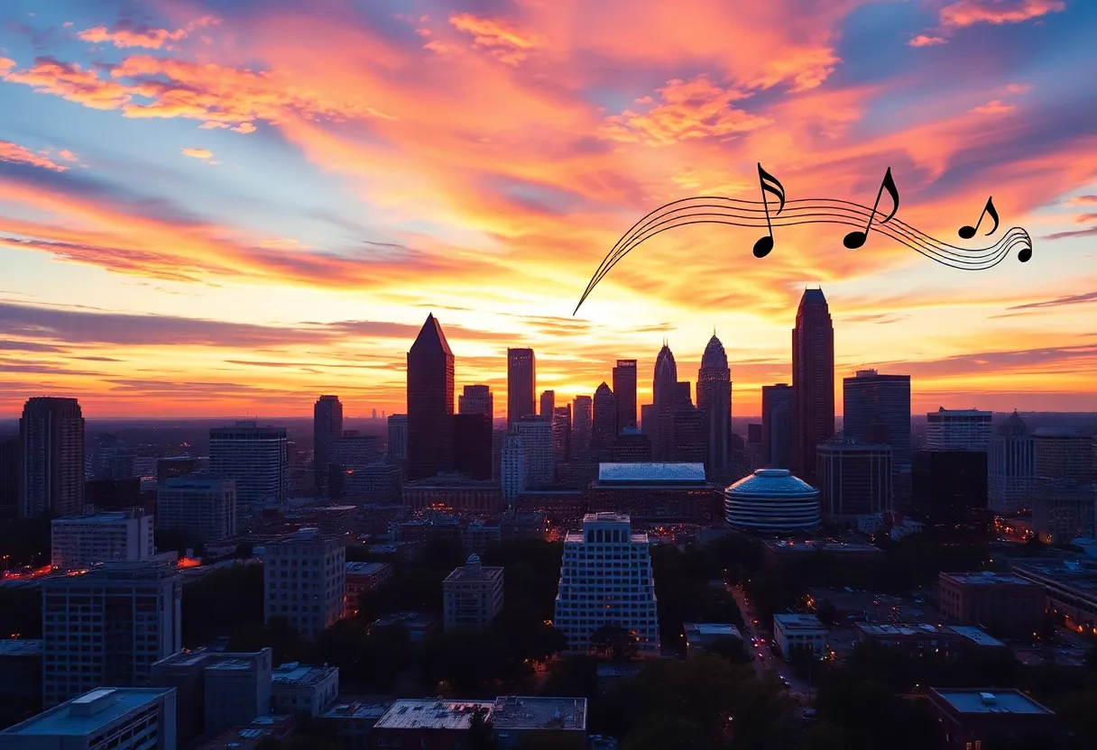 Cityscape of Atlanta with musical elements