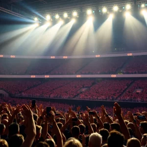 A lively crowd at a concert with stage lights overhead.