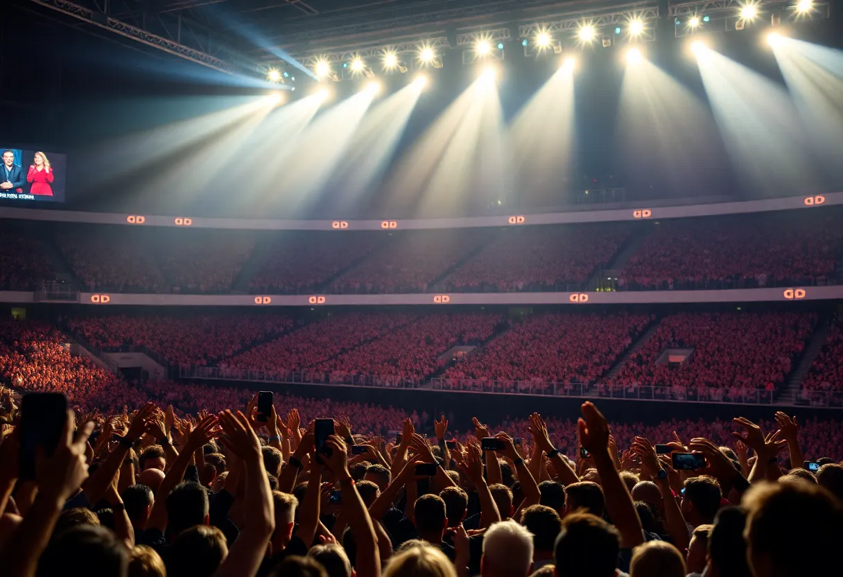 A lively crowd at a concert with stage lights overhead.