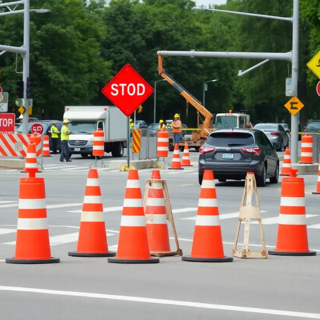 Construction site on North Druid Hills Road with traffic cones