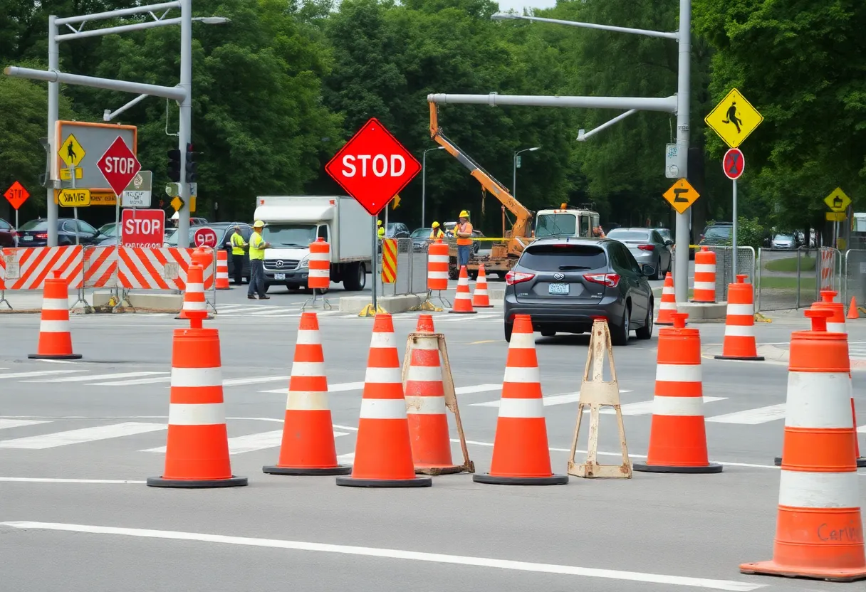 Construction site on North Druid Hills Road with traffic cones
