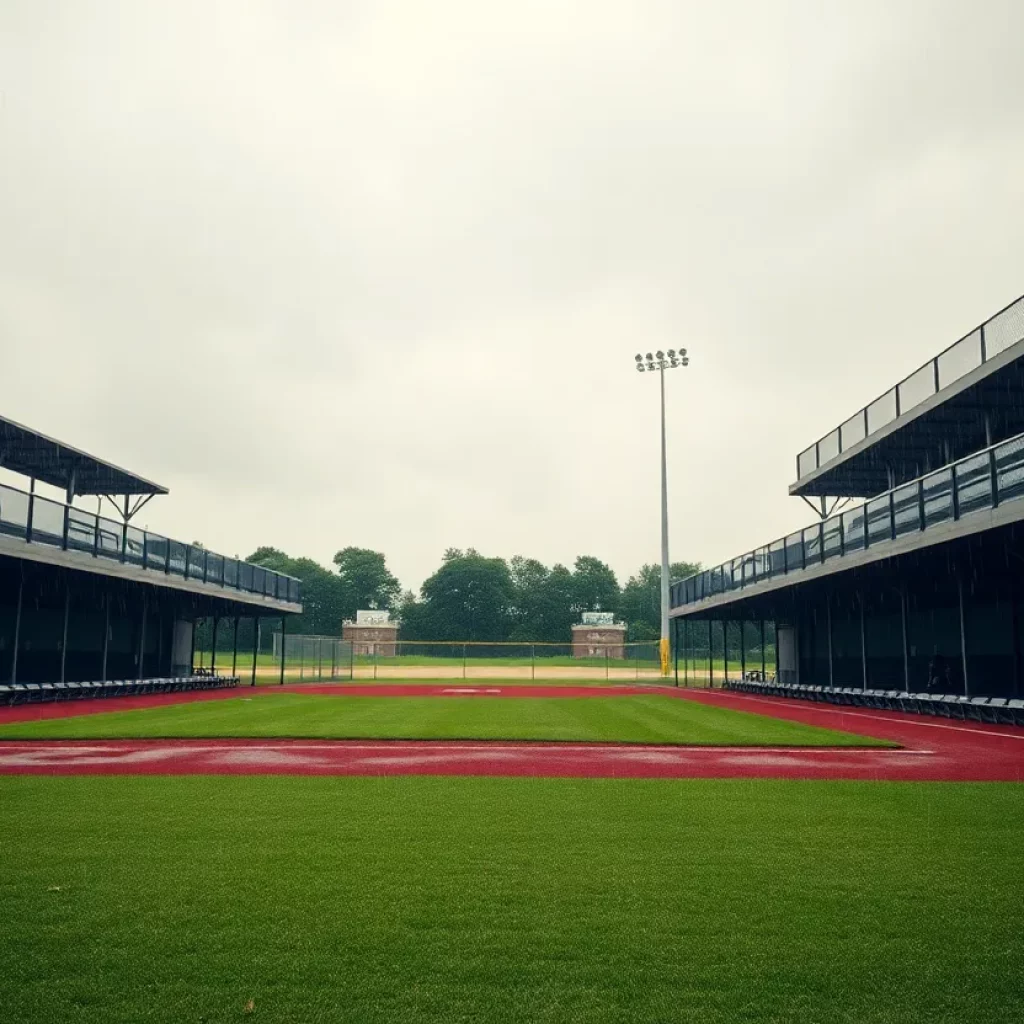 Empty softball field on a rainy day