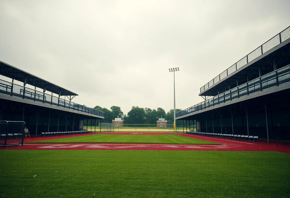 Empty softball field on a rainy day