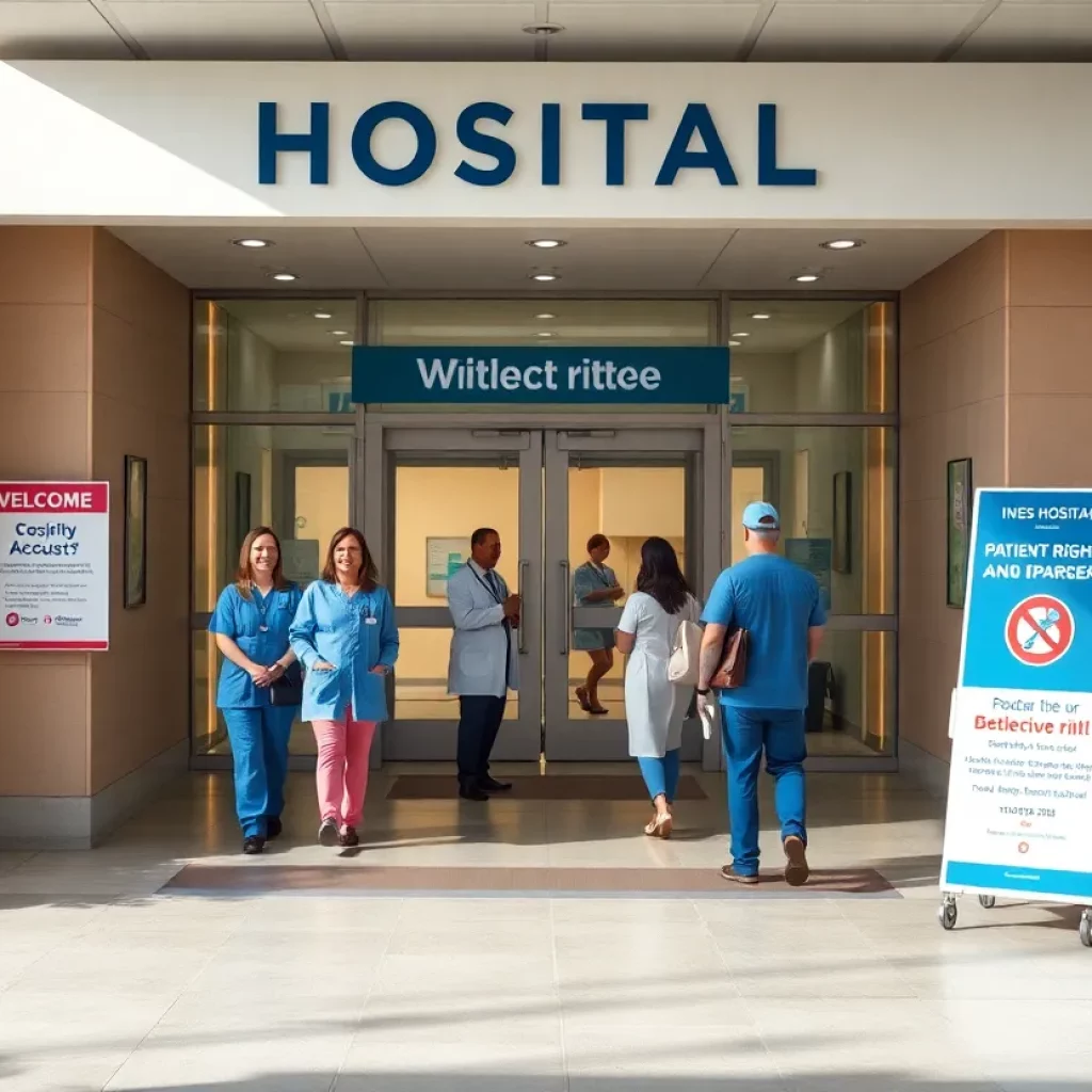 Entrance of Children's Hospital of Atlanta with staff members and patients.