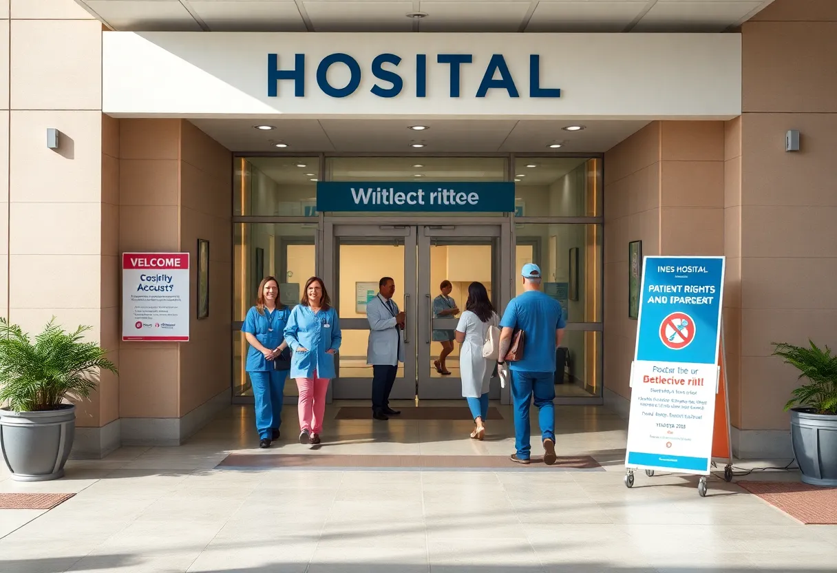 Entrance of Children's Hospital of Atlanta with staff members and patients.