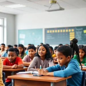 A diverse group of students engaged in learning in a classroom setting.